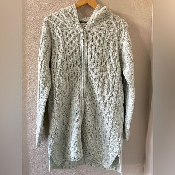 Aran Crafts Ireland 100% merino wool light green long zip up cardigan sweater S - Picture 4 of 13